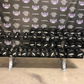 Brand New Empire 12 Sided 5-100 lb. Commercial Rubber Dumbbell Set w/Matching Hammer Strength Racks